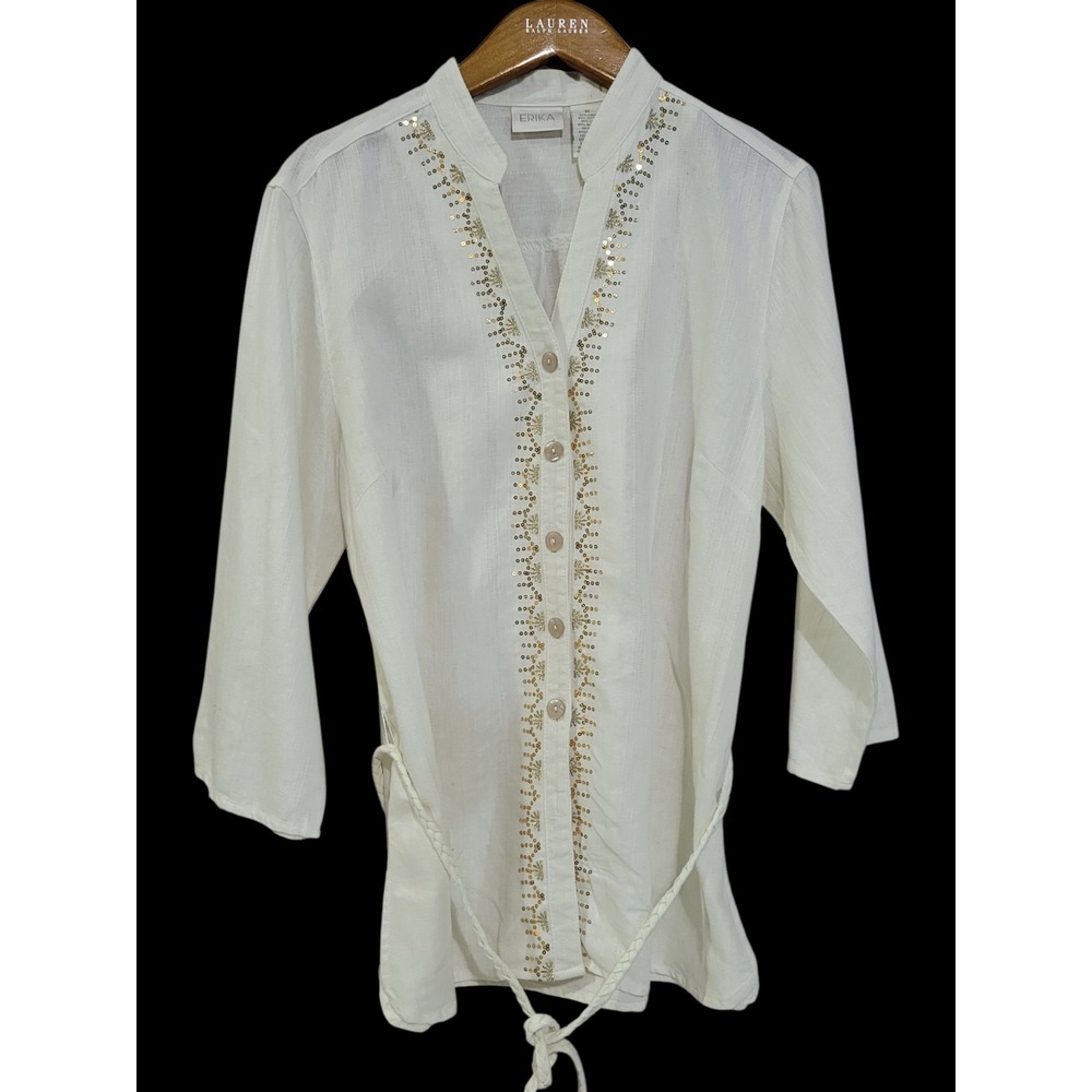 Erika Linen Tunic Top Womens Medium White Button Up Sequins Beads Sash Bollywood